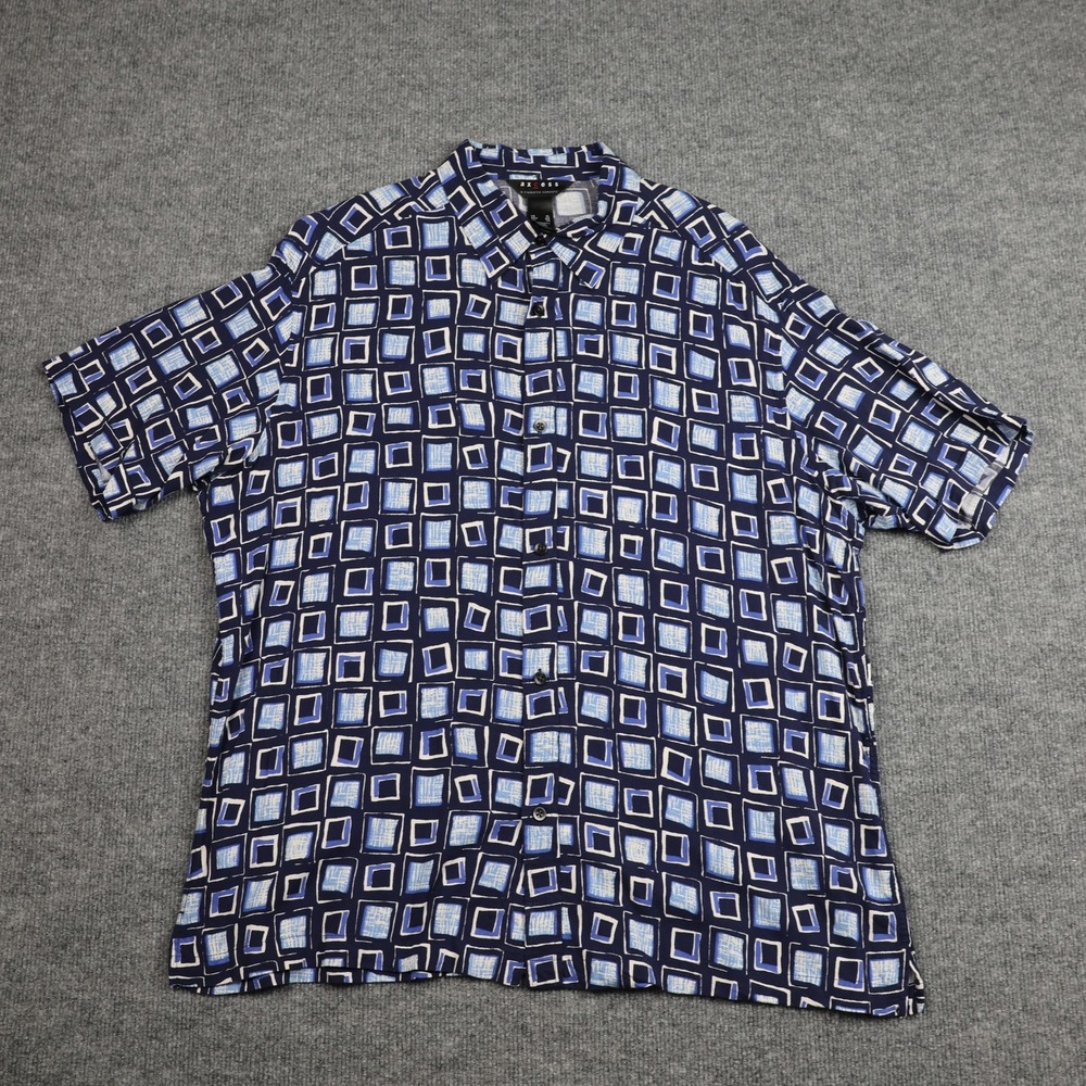 Axcess Shirt Mens XL Blue Geometric Short Sleeve Button Front Rayon Square Print